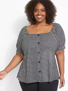 Lane Bryant Square Neck Plaid Top with Button Detail